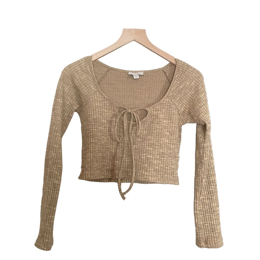 TOPSHOP Tan Scoop Necked Long Sleeved Crop Top with Front Tie Size US 8-10